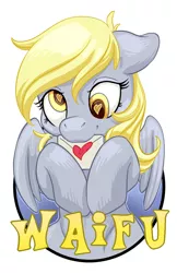 Size: 825x1275 | Tagged: safe, artist:hobbes-maxwell, derpibooru import, derpy hooves, pegasus, pony, cute, derpabetes, female, heart eyes, mare, solo, waifu, waifu badge, wingding eyes