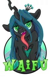 Size: 825x1275 | Tagged: safe, artist:hobbes-maxwell, derpibooru import, queen chrysalis, bedroom eyes, cute, cutealis, female, heart, heart eyes, heart hoof, looking at you, open mouth, solo, tongue out, waifu, waifu badge, wingding eyes