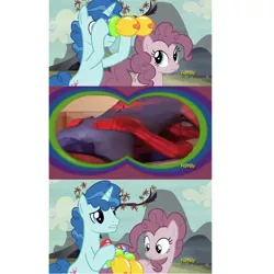 Size: 800x800 | Tagged: suggestive, derpibooru import, edit, edited screencap, screencap, party favor, pinkie pie, earth pony, human, pony, unicorn, the cutie map, balloon binoculars, balloon vision, binoculars, butt touch, discovery family logo, exploitable meme, female, hand on butt, lip bite, mare, meme, screencap comic, spider-man