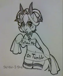 Size: 795x960 | Tagged: advertisement, artist:shishi, banner, black and white, blushing, bow, clothes, derpibooru import, doodle, grayscale, hair bow, ink, inked, looking at you, monochrome, oc, oc:danika, open mouth, pen, ribbon, safe, smiling, socks, solo, thigh highs, traditional art, tumblr, unofficial characters only