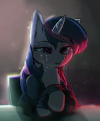 Size: 1072x1296 | Tagged: safe, artist:lunarmarshmallow, derpibooru import, twilight sparkle, pony, unicorn, chair, chromatic aberration, clothes, crying, female, hoodie, mare, sad, sitting, solo, table