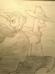 Size: 946x1280 | Tagged: safe, artist:arcanelexicon, derpibooru import, mare do well, trixie, pony, unicorn, cape, clothes, female, mare, monochrome, traditional art