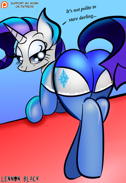 Size: 1100x1600 | Tagged: suggestive, artist:lennonblack, derpibooru import, rarity, pony, unicorn, bedroom eyes, clothes, dialogue, female, latex, latex socks, panties, patreon, patreon logo, plot, socks, solo, solo female, stockings, underwear