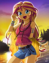 Size: 1000x1298 | Tagged: safe, artist:uotapo, derpibooru import, sunset shimmer, equestria girls, legend of everfree, armlet, beautiful, belly button, belt, boho, bracelet, clothes, colored pupils, cute, denim shorts, female, happy, hippie, jewelry, lake, looking at you, midriff, necklace, open mouth, sexy, shawl, shimmerbetes, shorts, sleeveless, smiling, smiling at you, solo, sultry pose, sunset, thighs, uotapo is trying to murder us, water