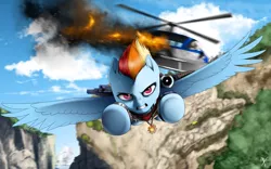 Size: 1920x1200 | Tagged: artist:supermare, badass, canyon, clothes, crossover, derpibooru import, eidos interactive, fire, flying, helicopter, just cause, just cause 3, necklace, pendant, rainbow dash, safe, solo