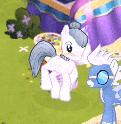 Size: 257x262 | Tagged: safe, derpibooru import, cloudy quartz, fleetfoot, earth pony, pegasus, pony, adoraquartz, animated, cute, female, game, game screencap, gameloft, gameloft shenanigans, gif, mare, party hard, prancing, solo focus, spinning, trotting, trotting in place