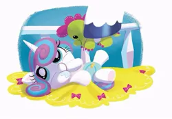 Size: 813x565 | Tagged: safe, artist:amy mebberson, derpibooru import, princess flurry heart, shining armor, pony, good night baby flurry heart, baby, baby blanket, baby pony, blanket, cloth diaper, cute, diaper, flurrybetes, lying down, offscreen character, on back, pink diaper, plushie, safety pin