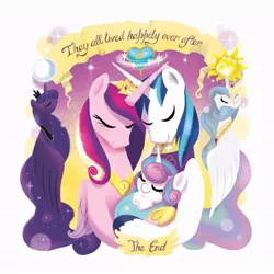 Size: 1048x1050 | Tagged: safe, artist:amy mebberson, derpibooru import, princess cadance, princess celestia, princess flurry heart, princess luna, shining armor, pony, good night baby flurry heart, baby, baby blanket, baby pony, cute, eyes closed, family, flurrybetes, safety pin, sleeping, smiling, swaddling