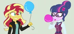 Size: 1024x481 | Tagged: safe, artist:a-r-i-a-1997, derpibooru import, sci-twi, sunset shimmer, twilight sparkle, equestria girls, balloon, clothes, counterparts, crystal prep academy uniform, school uniform, sunset's counterparts, twilight's counterparts
