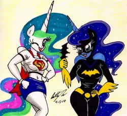 Size: 1330x1215 | Tagged: anthro, artist:newyorkx3, batgirl, batluna, belly button, breasts, busty princess celestia, busty princess luna, clothes, cosplay, costume, derpibooru import, duo, female, midriff, miniskirt, princess celestia, princess luna, royal sisters, safe, skirt, supelestia, supergirl, traditional art