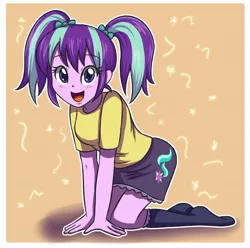 Size: 1024x1014 | Tagged: safe, artist:sumin6301, derpibooru import, starlight glimmer, equestria girls, clothes, cute, equestria girls-ified, glimmerbetes, missing shoes, moe, open mouth, pigtails, skirt, socks, solo, younger