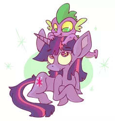 Size: 718x756 | Tagged: safe, artist:sky665, derpibooru import, spike, twilight sparkle, dragon, pony, unicorn, dragon hat, female, male, mare, prone