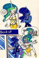 Size: 1281x1933 | Tagged: alicorn, annoyed, anthro, artist:newyorkx3, breasts, busty princess celestia, busty princess luna, caught, cleavage, clothes, comic, crossed arms, cross-popping veins, dentist, derpibooru import, drill, eyes closed, fear, female, frown, gravestone, high heels, mare, midriff, miniskirt, open mouth, pictogram, plantigrade anthro, princess celestia, princess luna, pulling, royal sisters, running, running in place, scared, scaredlestia, shoes, short dress, skirt, spread wings, suggestive, tail, tail pull, toothache, traditional art, unamused, wavy mouth, wide eyes, wings