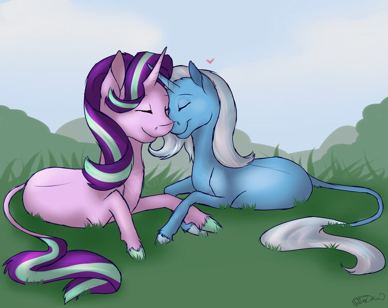 Size: 1024x815 | Tagged: safe, artist:mattsykun, derpibooru import, starlight glimmer, trixie, classical unicorn, pony, unicorn, cloven hooves, eyes closed, female, leonine tail, lesbian, mare, shipping, startrix, unshorn fetlocks