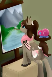 Size: 1354x2000 | Tagged: safe, artist:nsfwbonbon, artist:otpl, derpibooru import, oc, oc:fufu, unofficial characters only, bat pony, pony, bob ross, mouth hold, painting characters, pregnant