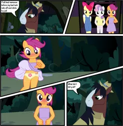 Size: 2000x2040 | Tagged: anthro, apple bloom, artist:liggliluff, artist:tolpain, belly button, blushing, clothes, comic, covering, cutie mark crusaders, derpibooru import, dialogue, dress, embarrassed, embarrassed underwear exposure, female, flower pattern underwear, forest, overalls, panties, ribbon, scootaloo, shorts, skirt, skirtaloo, skirt flip, speech bubble, suggestive, summer dress, sundress, sweetie belle, trouble shoes, underwear, unlucky, upskirt, vector, wind, yellow underwear, young