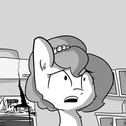 Size: 784x784 | Tagged: safe, artist:tjpones, derpibooru import, edit, editor:dsp2003, oc, oc:brownie bun, unofficial characters only, horse wife, ask, burning stove, fire, grayscale, monochrome, open mouth, property damage, solo, stove, textless, tumblr