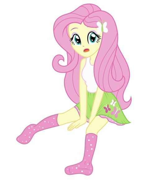 Size: 1024x1158 | Tagged: dead source, safe, artist:sumin6301, derpibooru import, fluttershy, equestria girls, clothes, missing shoes, open mouth, simple background, sitting, skirt, skirt pull, socks, solo, tanktop, white background