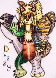 Size: 1021x1407 | Tagged: safe, artist:blazingdazzlingdusk, derpibooru import, oc, oc:dizzy, unofficial characters only, draconequus, drawing, solo, traditional art, waving