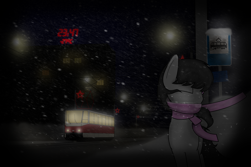 Size: 3000x2000 | Tagged: artist:subway777, blizzard, derpibooru import, eyes closed, lights, night, octavia melody, russia, safe, snow, snowfall, solo, tram, wind, winter