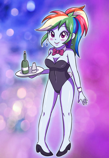 Size: 2403x3472 | Tagged: suggestive, artist:sumin6301, derpibooru import, rainbow dash, equestria girls, beverage, blushing, bottle, breasts, bunny tail, busty rainbow dash, cleavage, clothes, cup, female, high heels, image, jpeg, leotard, looking at you, necktie, playboy bunny rainbow dash, sexy, solo, solo female, stupid sexy rainbow dash, tray, waitress, wrist cuffs