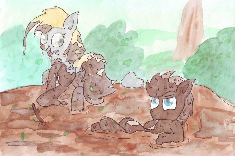 Size: 4677x3106 | Tagged: artist needed, source needed, safe, derpibooru import, derpy hooves, doctor whooves, time turner, pegasus, pony, absurd resolution, dirty, doctorderpy, everfree forest, female, male, mare, messy, mud, mud bath, muddy, plant, playing, shipping, straight, traditional art, watercolor painting