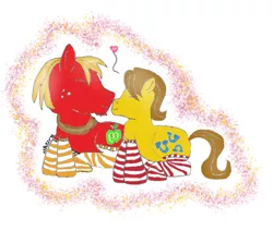 Size: 1024x870 | Tagged: safe, artist:xxblitzyxx, derpibooru import, big macintosh, caramel, earth pony, pony, caramac, clothes, cute, eyes closed, gay, heart, male, nuzzling, shipping, socks, stallion, striped socks