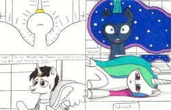 Size: 1024x659 | Tagged: artist:eternaljonathan, chubby, comic, comic:a new twist, derpibooru import, fat, guardian, horn ring, oc, oc:nemo, princess celestia, princess luna, royal sisters, safe, science fiction, traditional art, transformation