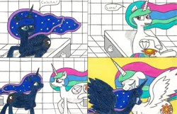 Size: 1024x658 | Tagged: artist:eternaljonathan, chubby, comic, comic:a new twist, crying, derpibooru import, fat, princess celestia, princess luna, royal sisters, safe, science fiction, tears of joy, traditional art