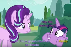 Size: 1873x1226 | Tagged: bush, caption, cropped, derpibooru import, dialogue, discovery family logo, edit, edited screencap, exploitable meme, hey kid you wanna ss?, meme, no second prances, out of context, screencap, shipping denied, /ss/, starlight glimmer, suggestive, text, twilight bushel, twilight is a foal fiddler, twilight sparkle, twilight sparkle (alicorn)