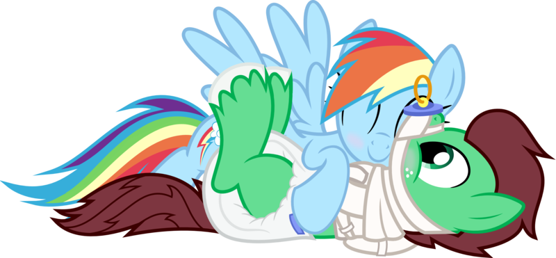 Size: 2500x1159 | Tagged: questionable, artist:nxzc88, derpibooru import, rainbow dash, oc, oc:northern haste, bondage, canon x oc, cuddling, diaper, diaper fetish, hug, northash, pacifier, pacifier gag, poofy diaper, shipping, show accurate, show accurate porn, simple background, snuggling, straitjacket, transparent background, vector