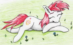 Size: 2237x1380 | Tagged: safe, artist:40kponyguy, derpibooru import, oc, oc:britannia, unofficial characters only, pony, unicorn, buck2016, cute, simple background, sleeping, solo, traditional art