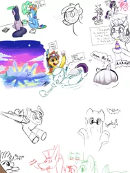 Size: 3000x4000 | Tagged: safe, artist:allyclaw, artist:brainflowcrash, artist:catanddogsoup, artist:helpmedrawhorses, artist:living_dead, artist:spookynerd, artist:strangersaurus, derpibooru import, blues, noteworthy, pinkie pie, rainbow dash, rarity, spike, thunderlane, zecora, duck pony, original species, plane pony, pony, zebra, absurd resolution, anarchy, drawpile disasters, painting, plane, sketch, sketch dump, sunset, swimming