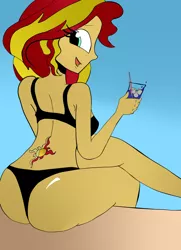Size: 1024x1417 | Tagged: suggestive, artist:missmayaleanne, artist:smexysilver, color edit, derpibooru import, edit, sunset shimmer, equestria girls, ass, bikini, black bikini, black swimsuit, breasts, bunset shimmer, clothes, colored, cutie mark, cutie mark on equestria girl, drink, female, looking at you, panties, poolside, solo, solo female, swimming pool, swimsuit, thong, thong swimsuit, underwear