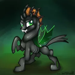 Size: 920x920 | Tagged: artist:yaoifairy, changeling, changeling oc, derpibooru import, green changeling, green eyes, male, oc, oc:vesairus, raised hoof, safe, smiling, solo, unofficial characters only