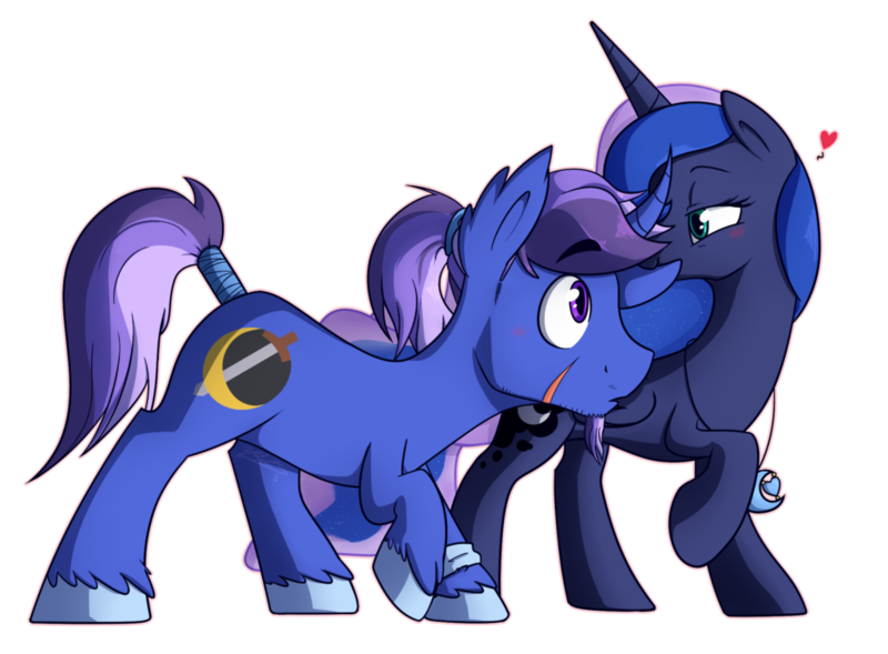 Size: 1024x754 | Tagged: safe, artist:nolycs, derpibooru import, princess luna, oc, oc:azure night, azuna, bedroom eyes, canon x oc, cute, ear bite, heart, necklace, shipping