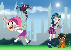 Size: 1536x1080 | Tagged: suggestive, artist:remcmaximus, derpibooru import, indigo zap, oc, oc:kam-kam, human, robot, equestria girls, friendship games, april fools, april fools 2016, april fools joke, bullying, clothes, comedy, crossover, drone, funny, green underwear, grojband, hanging wedgie, machine, panties, skirt, trina riffin, uav, underwear, wedgie