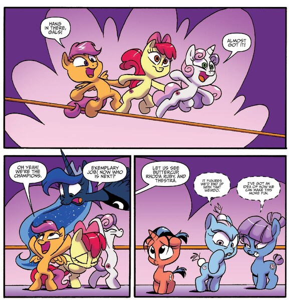 Size: 1323x1375 | Tagged: apple bloom, artist:jay fosgitt, buttercup (idw), cutie mark, cutie mark crusaders, derpibooru import, idw, princess luna, rhoda ruby, safe, scootaloo, spoiler:comic, spoiler:comicff28, sweetie belle, the cmc's cutie marks, thestra