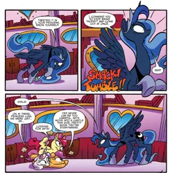 Size: 1354x1382 | Tagged: safe, artist:jay fosgitt, derpibooru import, idw, apple bloom, princess luna, scootaloo, sweetie belle, alicorn, earth pony, pegasus, pony, unicorn, spoiler:comic, spoiler:comicff28, comic, cutie mark crusaders, official comic