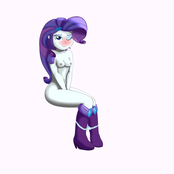 Size: 1280x1280 | Tagged: questionable, artist:rainingskys, derpibooru import, rarity, equestria girls, belly button, blushing, boots, breasts, female, nipples, nudity, shoes only, solo, solo female