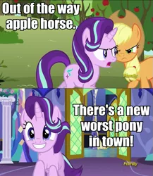 Size: 831x957 | Tagged: applejack, background pony strikes again, caption, derpibooru import, downvote bait, drama bait, edit, edited screencap, no second prances, opinion, safe, screencap, shitposting, starlight glimmer, starlight glimmer is worst pony, worst pony