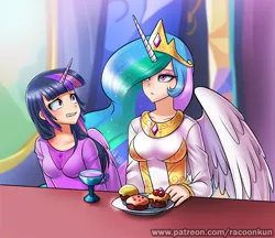 Size: 750x649 | Tagged: artist:racoonsan, bored, breasts, celestia is not amused, clothes, cup, cupcake, derpibooru import, dress, duo, female, food, horned humanization, human, humanized, no second prances, patreon, plate, princess celestia, safe, scene interpretation, table, tea, twilight's castle, twilight sparkle, twilight sparkle (alicorn), winged humanization