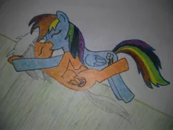 Size: 2560x1920 | Tagged: safe, artist:renardprower, derpibooru import, rainbow dash, oc, oc:renard prower, pegasus, pony, canon x oc, colored, eyes closed, kissing, pencil drawing, shipping, simple background, traditional art