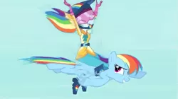 Size: 895x501 | Tagged: safe, derpibooru import, screencap, rainbow dash, equestria girls, friendship games, awesome, blooper, deleted scene, friendship games bloopers, helmet, human ponidox, humans riding ponies, self ponidox