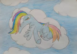 Size: 4170x2942 | Tagged: safe, artist:lordpuhadk, derpibooru import, rainbow dash, pegasus, pony, absurd resolution, cloud, eyes closed, female, mare, open mouth, sketch, sleeping, snoring, solo, traditional art