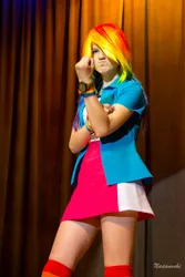 Size: 682x1024 | Tagged: safe, artist:lunatica, derpibooru import, rainbow dash, human, equestria girls, clothes, cosplay, costume, irl, irl human, photo, ponyradiocon, rosie the riveter, skirt, we can do it!