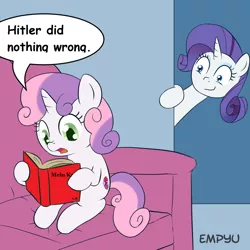 Size: 1000x1000 | Tagged: safe, artist:empyu, derpibooru import, edit, rarity, sweetie belle, pony, unicorn, /mlp/, adolf hitler, book, cutie mark, dialogue, exploitable meme, female, hitler did nothing wrong, mein kampf, meme, reading, speech bubble, sweetie belle's book, the cmc's cutie marks