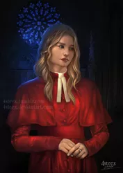Size: 636x900 | Tagged: artist:4steex, au:eqcl, barely pony related, bishop, bust, cape, cassock, church, clothes, derpibooru import, human, humanized, oc, oc:benevelle, portrait, realistic, ring, robe, safe, shoulder cape, solo, stained glass, unofficial characters only