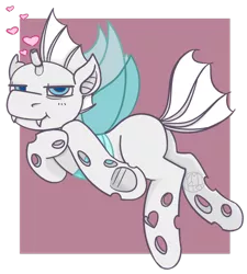 Size: 1024x1139 | Tagged: albino, albino changeling, artist:ymiart, changeling, derpibooru import, heart, :i, looking at you, lying down, male, oc, oc:paradigm, smiling, solo, suggestive, underhoof, unofficial characters only, white changeling