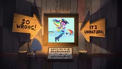 Size: 1280x720 | Tagged: safe, derpibooru import, edit, edited screencap, screencap, rainbow dash, equestria girls, friendship games, blooper, boss mabel, cute, dashabetes, exploitable meme, friendship games bloopers, gravity falls, horse riding a horse, human ponidox, meme, ponies riding ponies, self ponidox